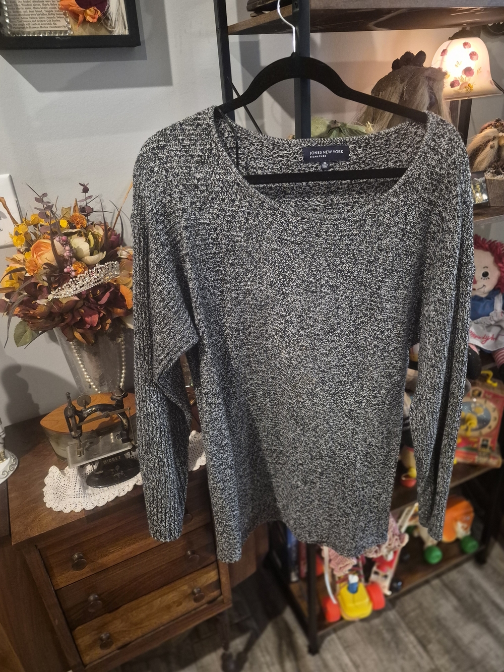 Jones New York Black & White Marled Scoop Neck Sweater